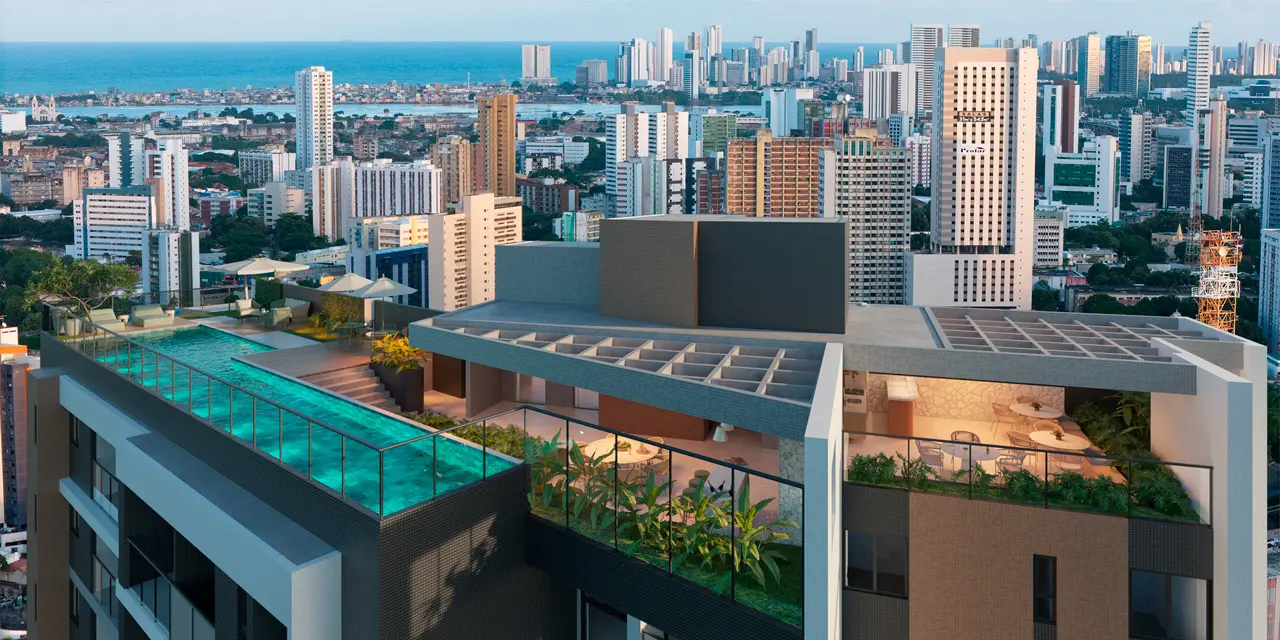 Perspectiva do rooftop de empreendimento da Malus, com piscina, área de convivência e vista para a cidade
